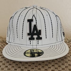 Authentic New Era White Hat with Black LA Logo and Pinstripe Drip